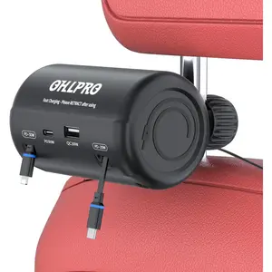 OHLPRO Car Back Seat Charger with Retractable Cables, Headrest Mount Phone Tablet Charger with USB-C PD30W & iOS PD20W Wires, 4-Port Adapter for Uber Taxi Rideshare, with Cigarette Lighter Plug