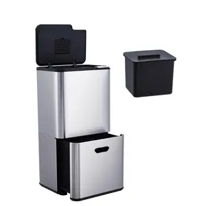 16 Gallon Dual Compartment Kitchen Trash Can – Stainless Steel Indoor Recycling & Garbage Bin Combo with Compost Bin, Removable Odor-Control Buckets, Slow-Close Lid, Fingerprint Resistant