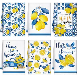 6 count Summer Kitchen Towels 24 x 16 Inch Tiles Lemon  Dishtowels Farmhouse Absorbent Blue Yellow Italian Lemon Hand Bathroom Towel for Holiday Kitchen Bathroom Decor Gifts