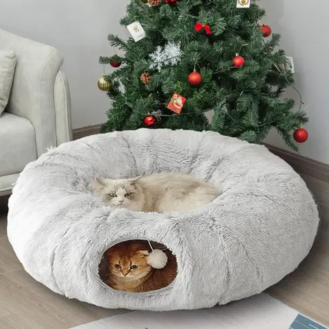 Foldable Long Plush Cat-Themed Bed-Tunnel, 4-Season Warm Cute Fuzzy Plush Kitten Bed, Creatively Designed Pet Furniture for Cats