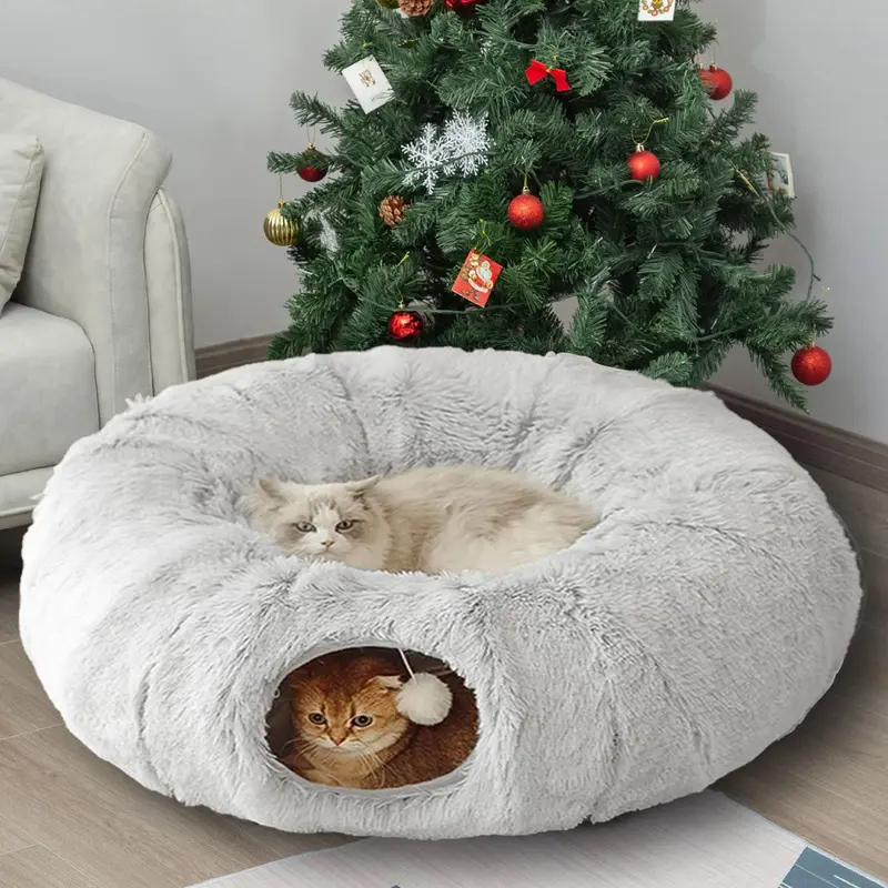 Foldable Long Plush Cat-Themed Bed-Tunnel, 4-Season Warm Cute Fuzzy Plush Kitten Bed, Creatively Designed Pet Furniture for Cats