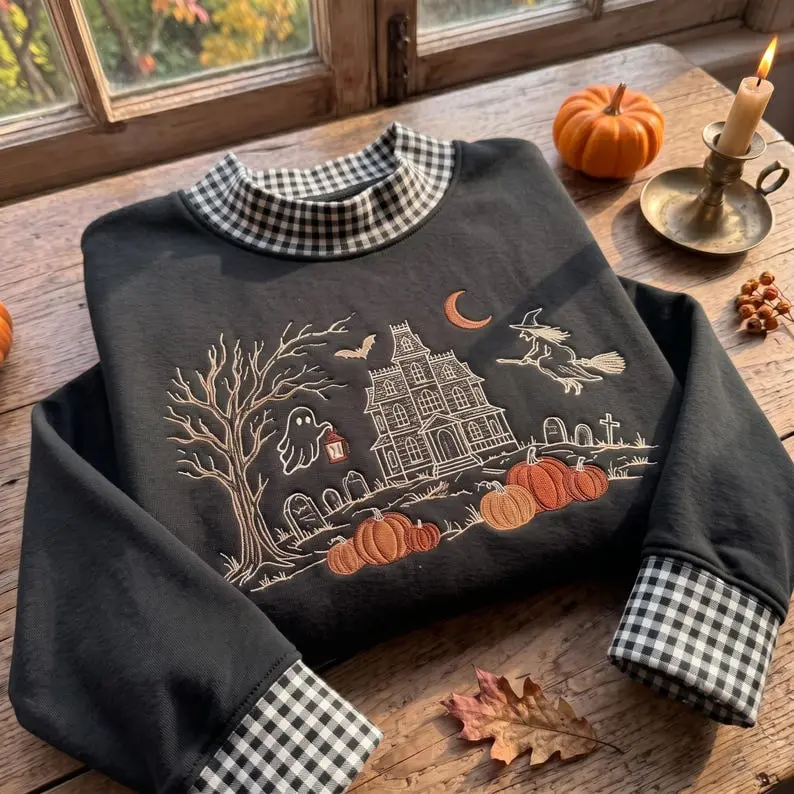 Haunted House Embroidered Gingham Mock Neck Sweatshirt, Ghost Witch Pumpkin Crewneck, Spooky Halloween Village Fall Pullover