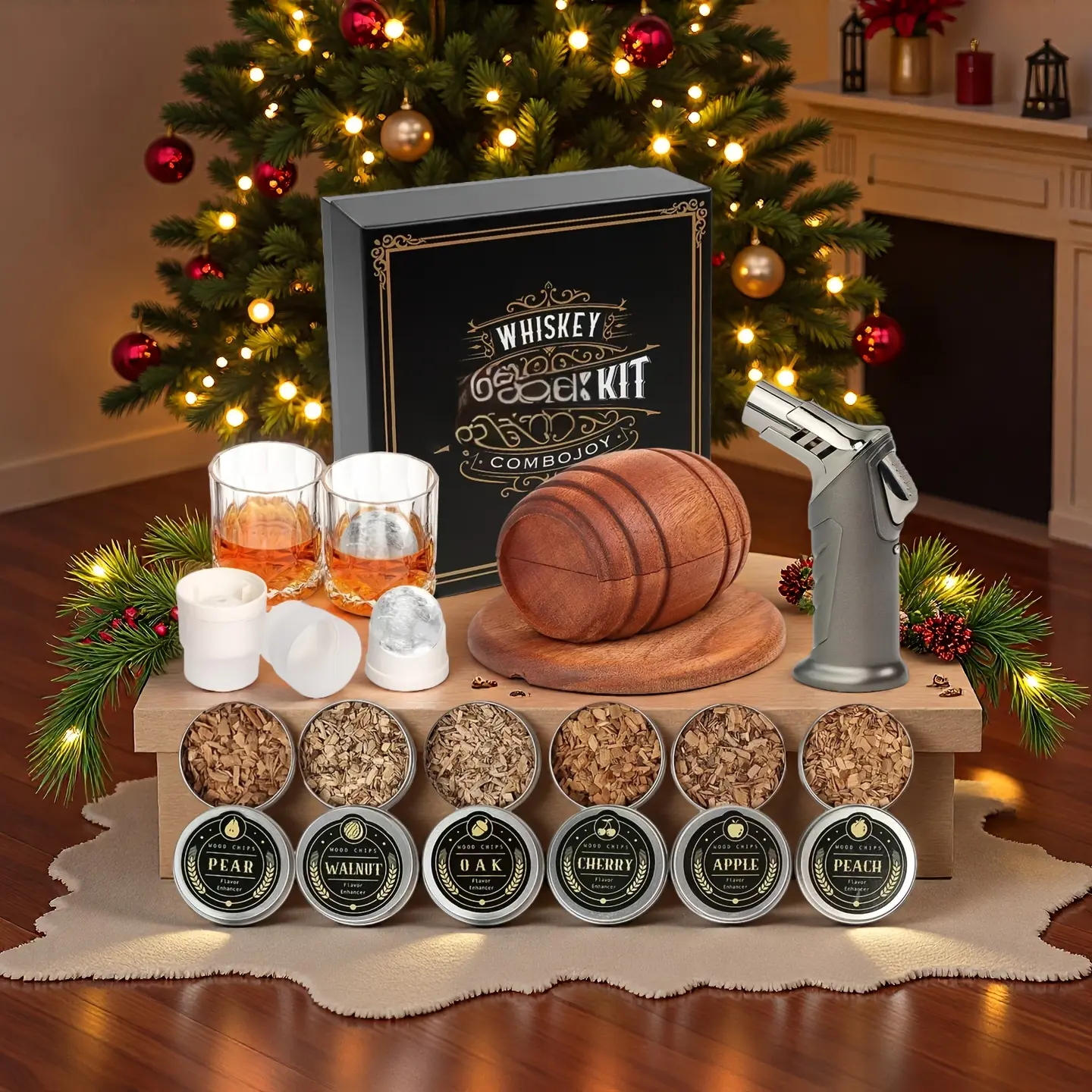 Whiskey Smoker Kit - 6 Flavors Wood Chips, 2Glass Cups,  Ice Ball Molds - Cocktail Smoker Kit, Old Fashioned Drink Smoker Kit, Birthday Christmas Bourbon Whiskey Gifts for Men,Dad,Father,Boyfriend,Husband Kitchen Utensils Metal Wooden whiskey gift