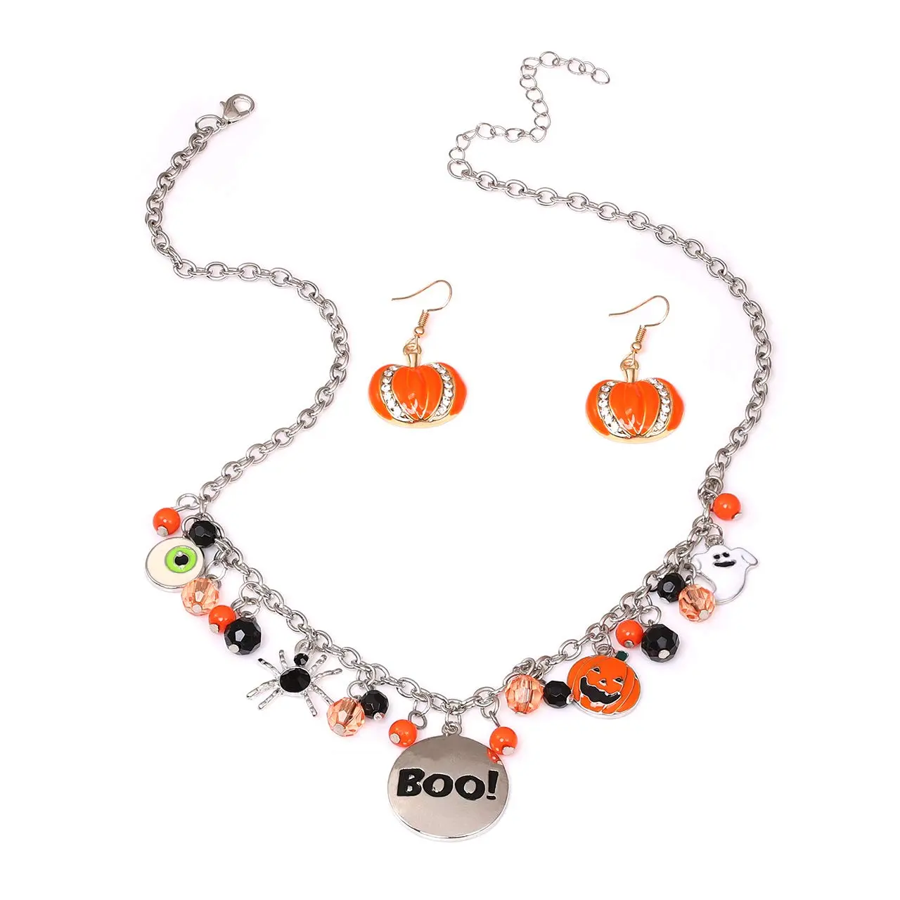 Festive Halloween Jewelry Set for Female, Crystal Beaded Choker with Ghoul & BOO Charms and Matching Pumpkin Earrings, Drop Earrings, Pumpkin Drop Earrings