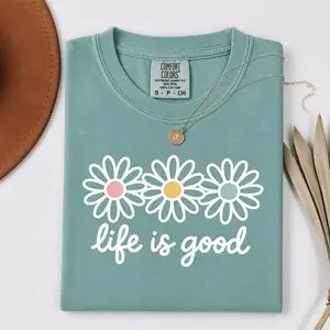 Comfort Colors Shirt 100% Cotton USA , Spring Daisy T-Shirt, Life Is Good Floral Tee, Vintage Pastel Flower Shirt, Boho Aesthetic Graphic Tee, Cute Spring Cotton Fabric Trendy Casual Women Gift
