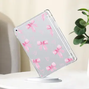 Bow & Heart Pattern Clear iPad Case with Built-in Pencil Holder, Soft TPU, for iPad Air 4/5/6, iPad Pro 11 2024, iPad Mini 4/5/6/7, iPad 10th Gen, iPad 9/8/7 Series. Shockproof, Portable, One-Side Protection, Easy to Carry Outdoor. Unisex.