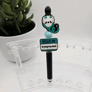 Handcrafted Unique Smiley Stethoscope and Hello I'm Trying My Best Bling and Beaded Duo Pen and Stylus with Black Ink Decorative