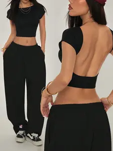 Women's Boat Neck Open Back Crop T-Shirt, Solid Color Slim Fit Short Sleeve Summer Top, Y2K Streetwear, Suitable for Daily Wear, Casual Party & Going Out