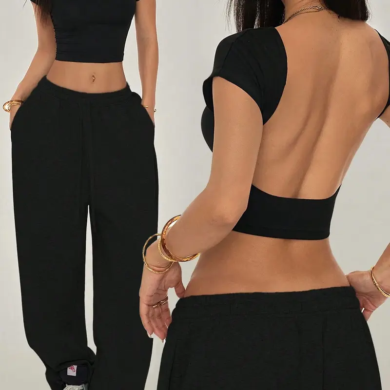Women's Boat Neck Open Back Crop T-Shirt, Basic Solid Color Slim Fit Short Sleeve Summer Top, Y2K Streetwear, Suitable for Daily Wear, Casual Party & Going Out