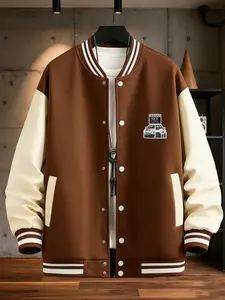 Men's Casual Stylish Sports Jacket, Light Stretch Regular Fit, Baseball Collar, Nissan Toyota Car Cartoon Print, Button Closure, All Seasons