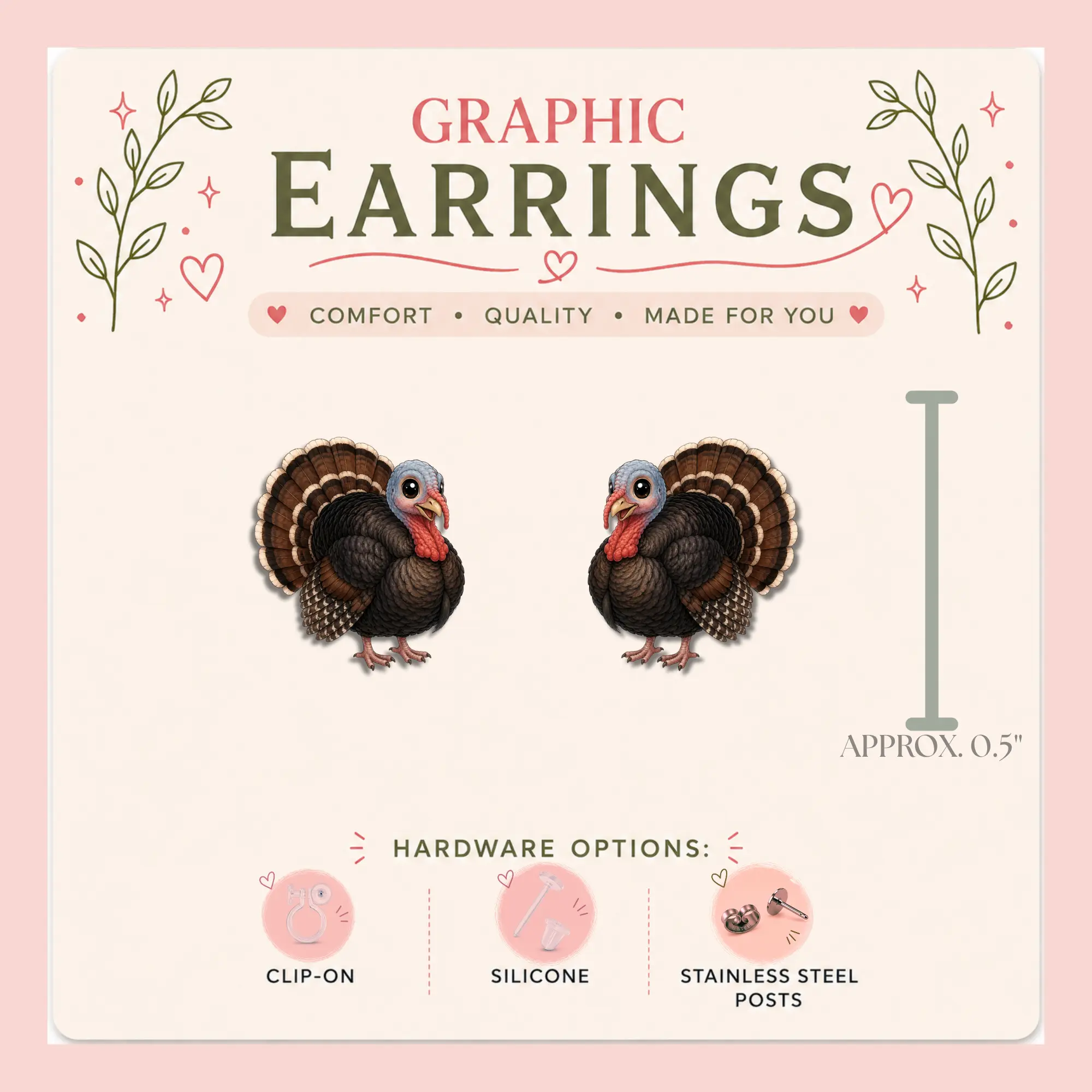 Graphic Turkey Stud Earrings, Woodland Bird Nature Lover Gift