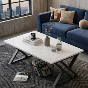 Modern Faux Marble Coffee Table, Rectangular Center Table with Black Metal Frame, Industrial Wooden Tea Table, Sturdy Accent Table for Living Room, Bedroom, Home Office Small Space Decor