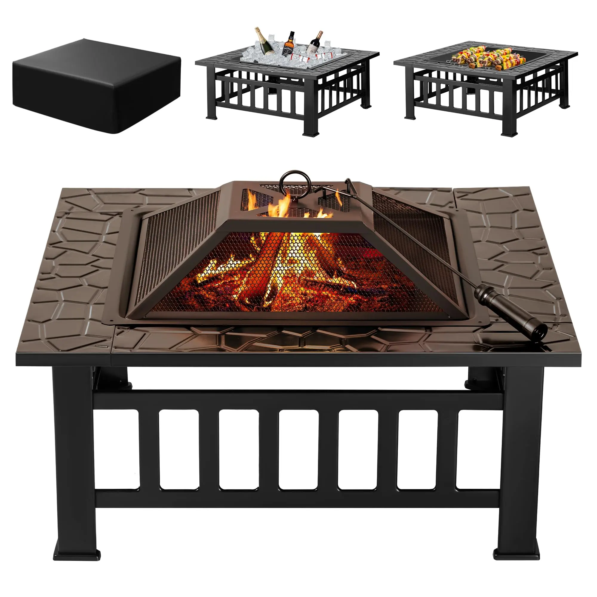 32-Inch Square Metal Outdoor Fire Pit Table, Wood-Burning Firepit Stove with Mesh Lid, Portable Outdoor Heating Gear for Camping, Backyard (Black), Fire Pit Outdoor