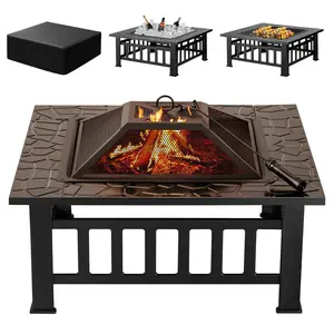 32 Inch Outdoor Fire Pit Table, Wood Burning Firepit Stove with Lid for Camping&BBQ, Garden, Backyard,Outside Patio Camping (Black) winter Camping gear hot portable
