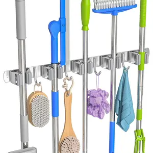 Broom Holder Wall Mount, Mop and Broom Organizer, Stainless Steel Storage Racks with Hooks for Home Kitchen Garden Laundry Garage (5 Racks 4 Hooks)