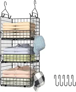 3-Tier Hanging Closet Organizer, Foldable Cabinet Wire Storage Basket Bins with 5 S Hooks, Closet Shelves & Hanging Closet Shelf for Clothing, Sweaters, Handbags, Hats