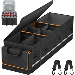 Suitable for Car Trunk Organizer and Storage Box with Lid, Detachable Leak-Proof Cooler Bag, Car Accessories, 6 Detachable Dividers for Customized Space, Foldable Large Trunk Organizer for SUV