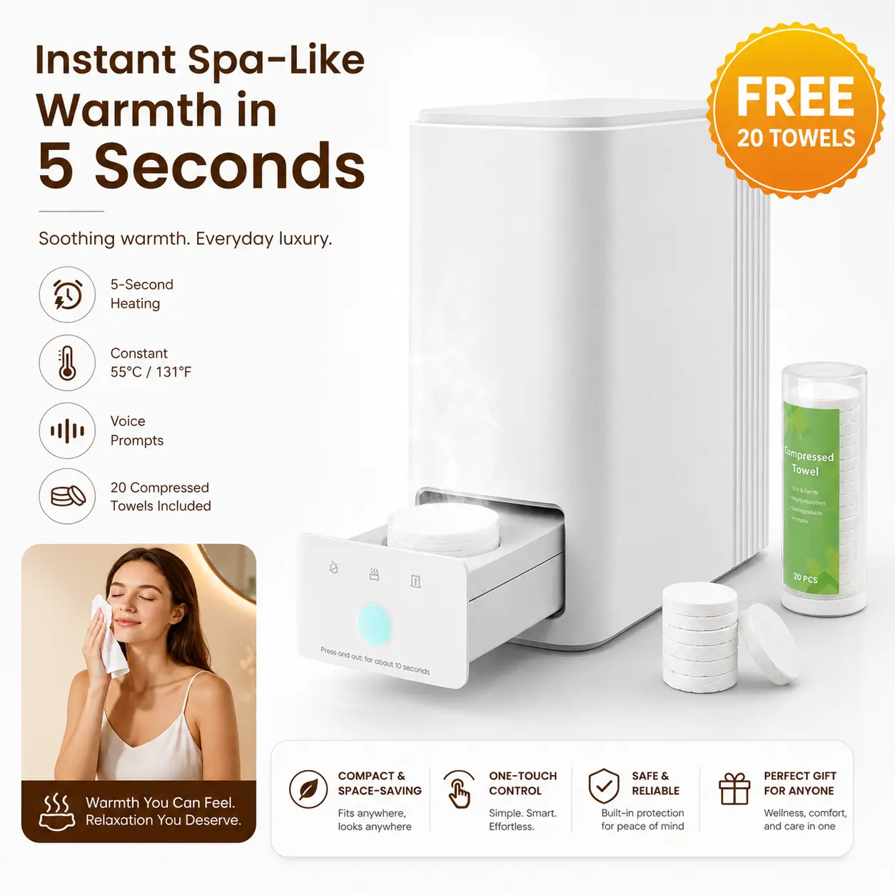 CRILEAL Smart Hot Face Towel Warmer Machine, 5-Second Fast Heating, 55°C Heating System, Auto Dispensing Design, Includes 20 PCS Compressed Towels, Convenient, Perfect Valentine's Day & New Year Gifts for Dad, Him, Her. TikTok Shop Black Friday