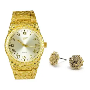 ICED HIP HOP GOLD FINISHED BLING GOLDEN NUGGET DESIGN ROMAN NUMBER LUXURY CASUAL WATCH & EARRINGS COMBO SET Analog Luxury Luxury Casual