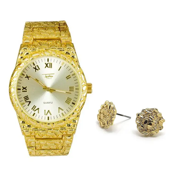 MaxBling81 Men's Hip Hop Bling Analog Watch & Earrings Stainless Steel Jewelry Set - Gold-Finish Metal, Golden Nugget Pattern, Roman Numbers, Quartz Accurate, Secure Clasp, Adjustable Links, Alloy, Casual Use, Roman Numerals, Golden Nuggets, Male Wear, Ro