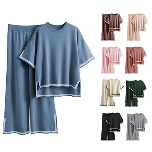 Naeduo Sweater Sets Women 2 Piece Lounge Sets Short Sleeve Knit Pullover Tops Wide Leg Pants Outfits Womenswear Fabric Lightweight