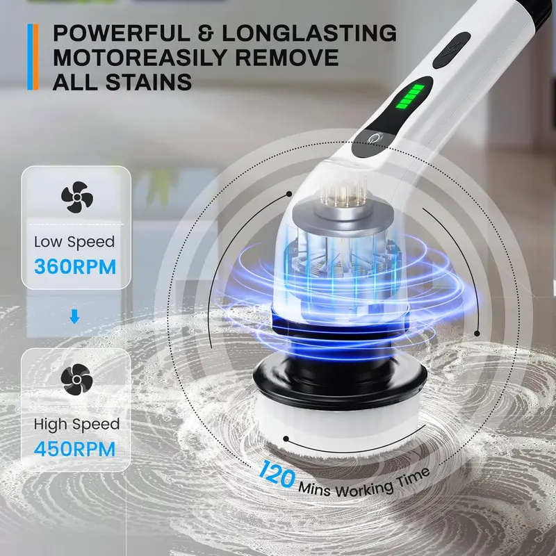 Electric Spin Scrubber for Summer Gift, Handheld Shower Scrubber, Spinning Scrub Brush with Comfortable Adjustable Handle, Bathroom Scrubber, 360° Cordless Household Cleaning Brush for Windows, Electric Spin Scrubbers, Cleaner, Portable, Durable 6