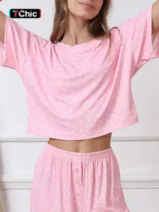 Valentine's Day Casual Loose Fit Short Sleeve Top & Shorts Set, Heart Pattern Knit Pajamas for Spring & Fall, Home Wear