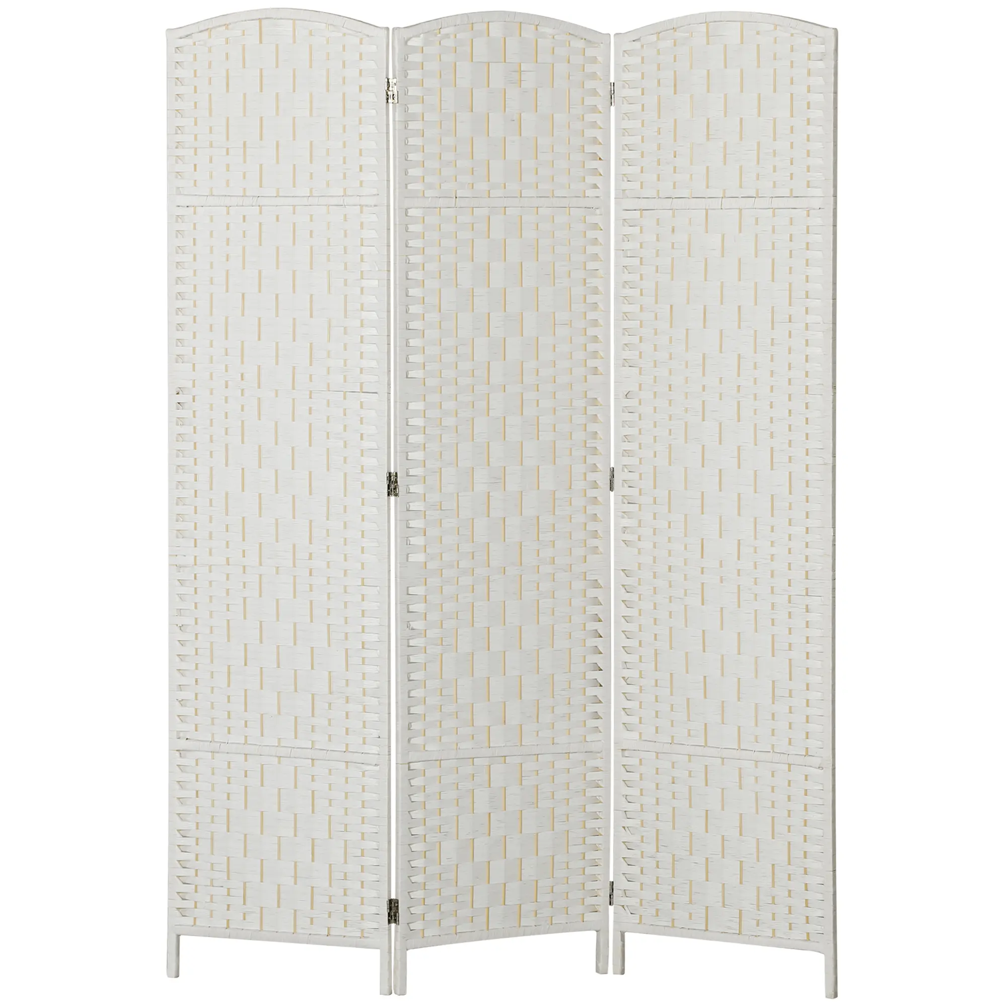 3 Panel Wicker Room Divider – White. 6FT Tall Privacy Screen. Arched Top + Poplar Wood Frame. 360° Dual-Direction Hinges. 53.1" W x 70.9" H