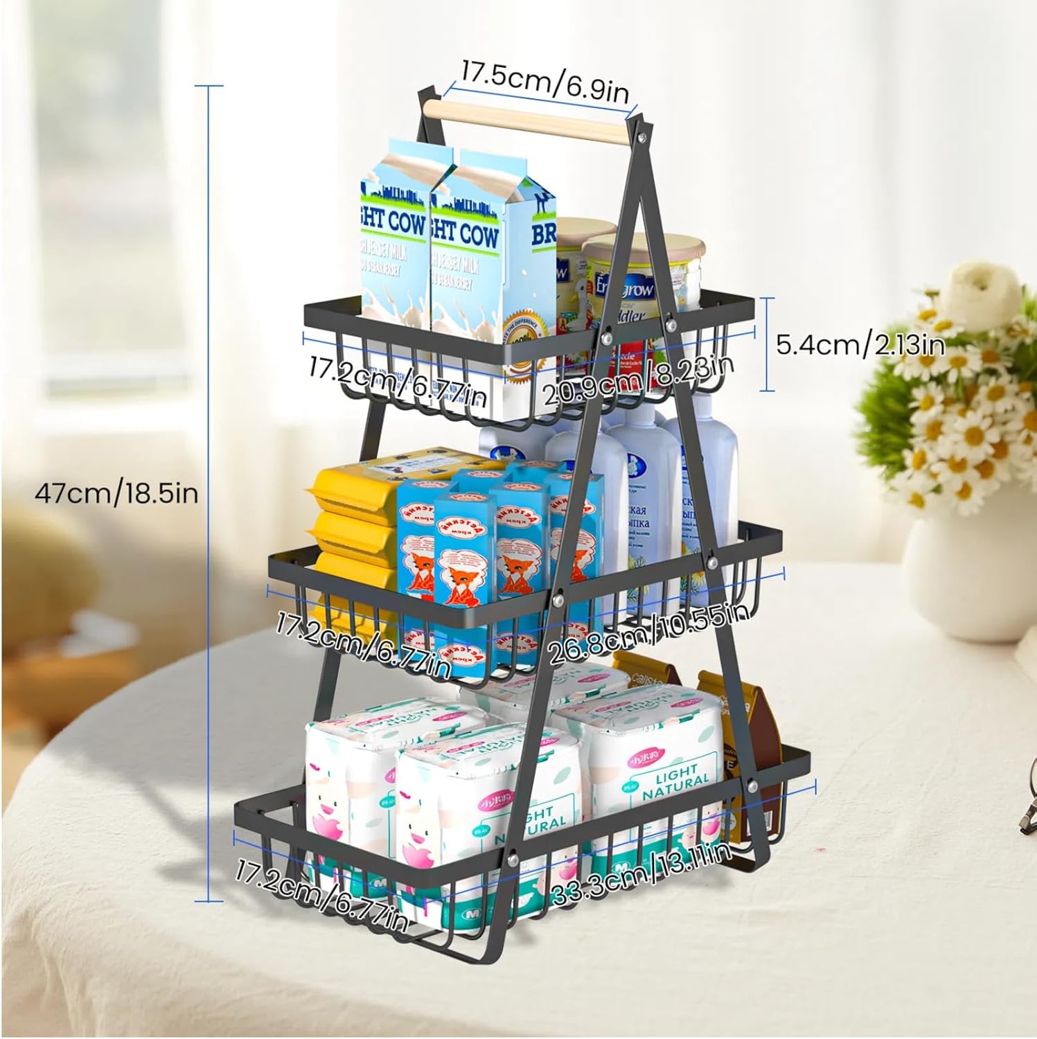 1PC 3-Tier Removable Metal Wire Storage Basket with Wooden Handle, Foldable Tiered Organizer, Breathable Rack for Fruit Vegetable Snack, Modern Kitchen Countertop Organizer for Dining Table Home