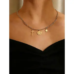 Trendy Cool Multi-Element Smiley Necklace for Women, Gold Cross & Star Pendant, Niche Design Layered Necklace