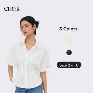 Cider [3 colors, size 2-10] Linen-blend Collar V-neck Pleated Short Sleeve Shirt