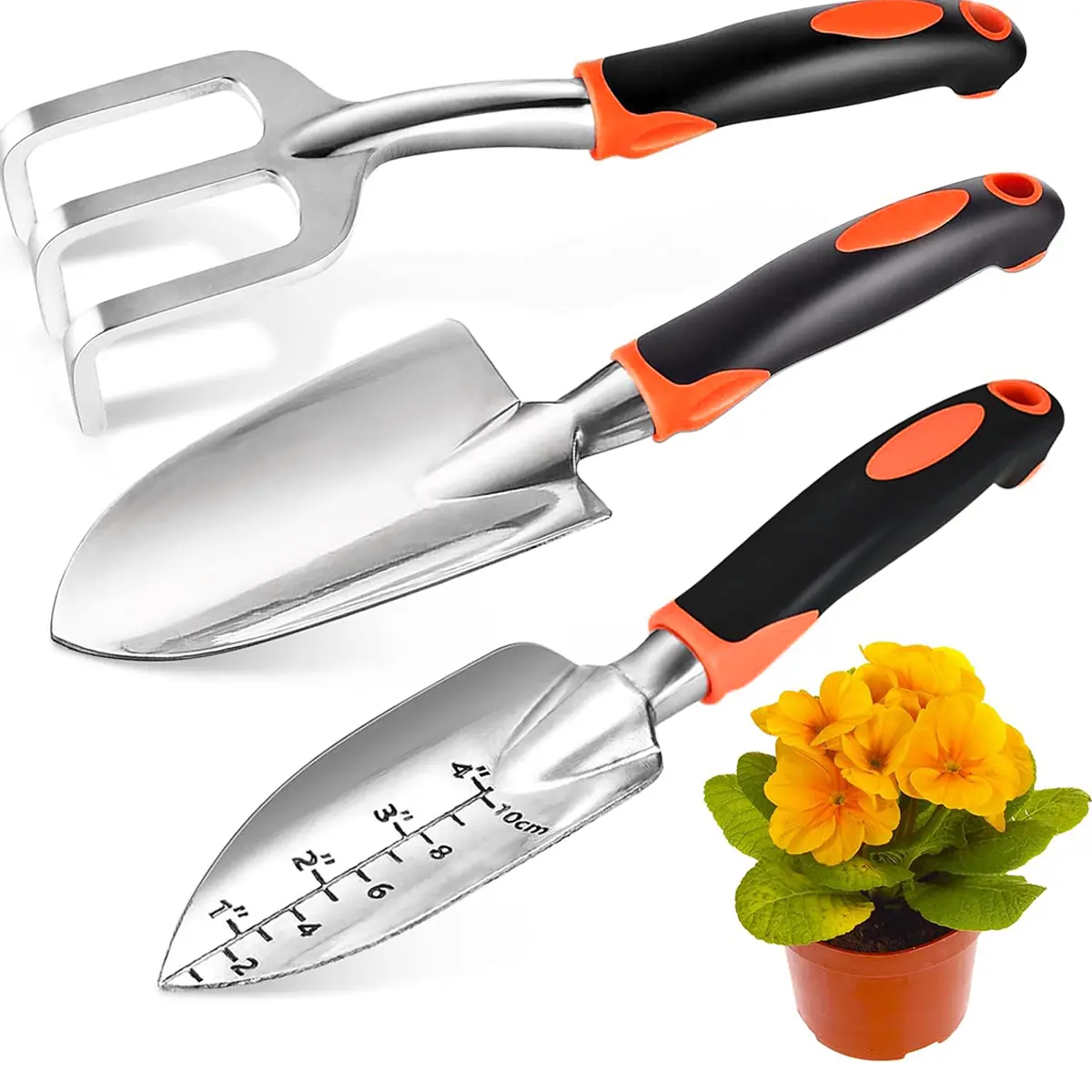 3-Pack Heavy Duty Garden Tools Set - Rust Resistant Aluminum Alloy Shovel, Transplant Trowel, Hand Rake with Ergonomic Handle for Planting, Weeding, Daily Gardening Needs, Easy to Carry and Store, Trowel, Rake, Shovel