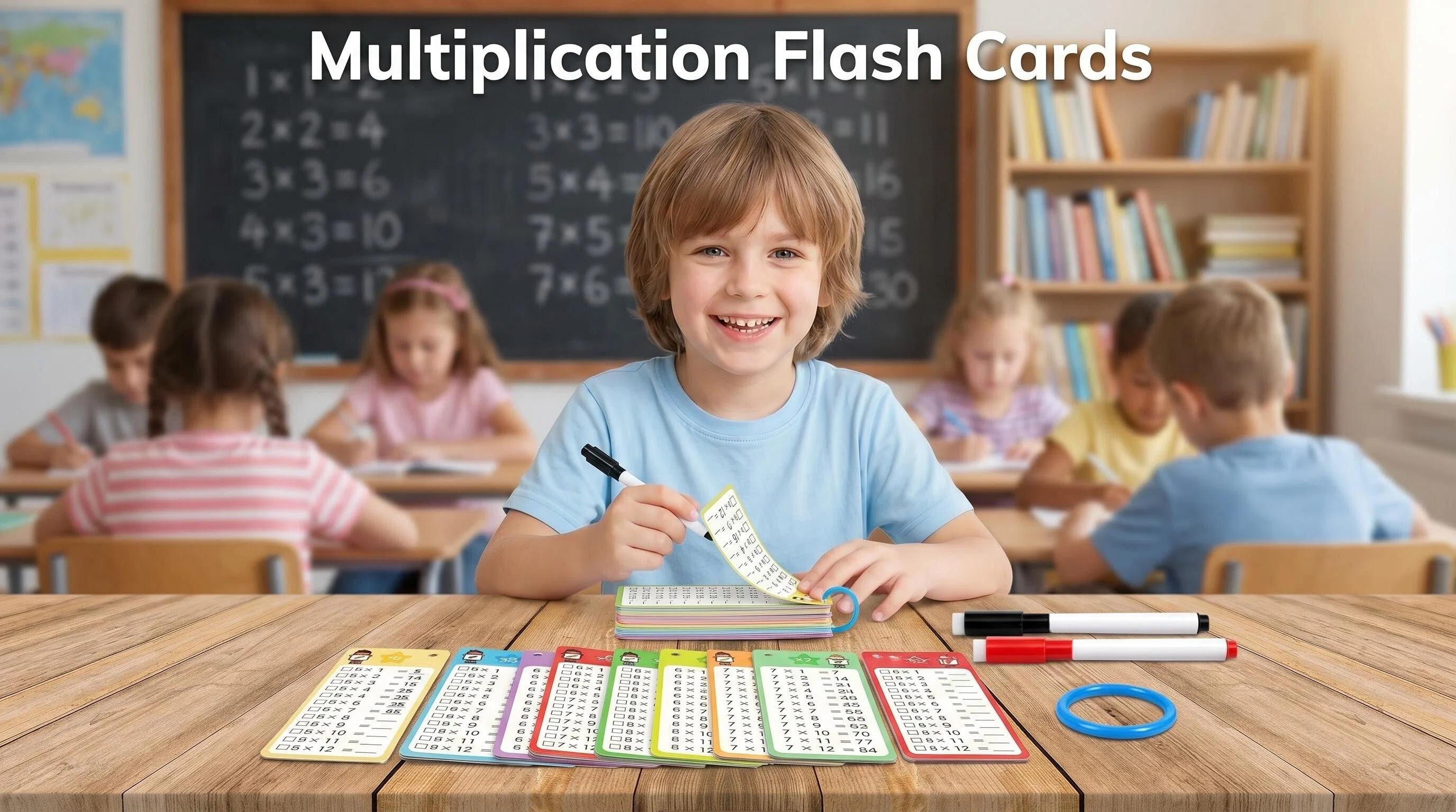 Durable Laminated Multiplication Flash Cards 0-12 (15 Pcs, 2.81x7.10 In) - Compact Black Math Educational Toy for Ages 6+, Parents, Classroom Activities with Dry Erase Dual-Colored Markers, Sorting Ring, Times Table Chart