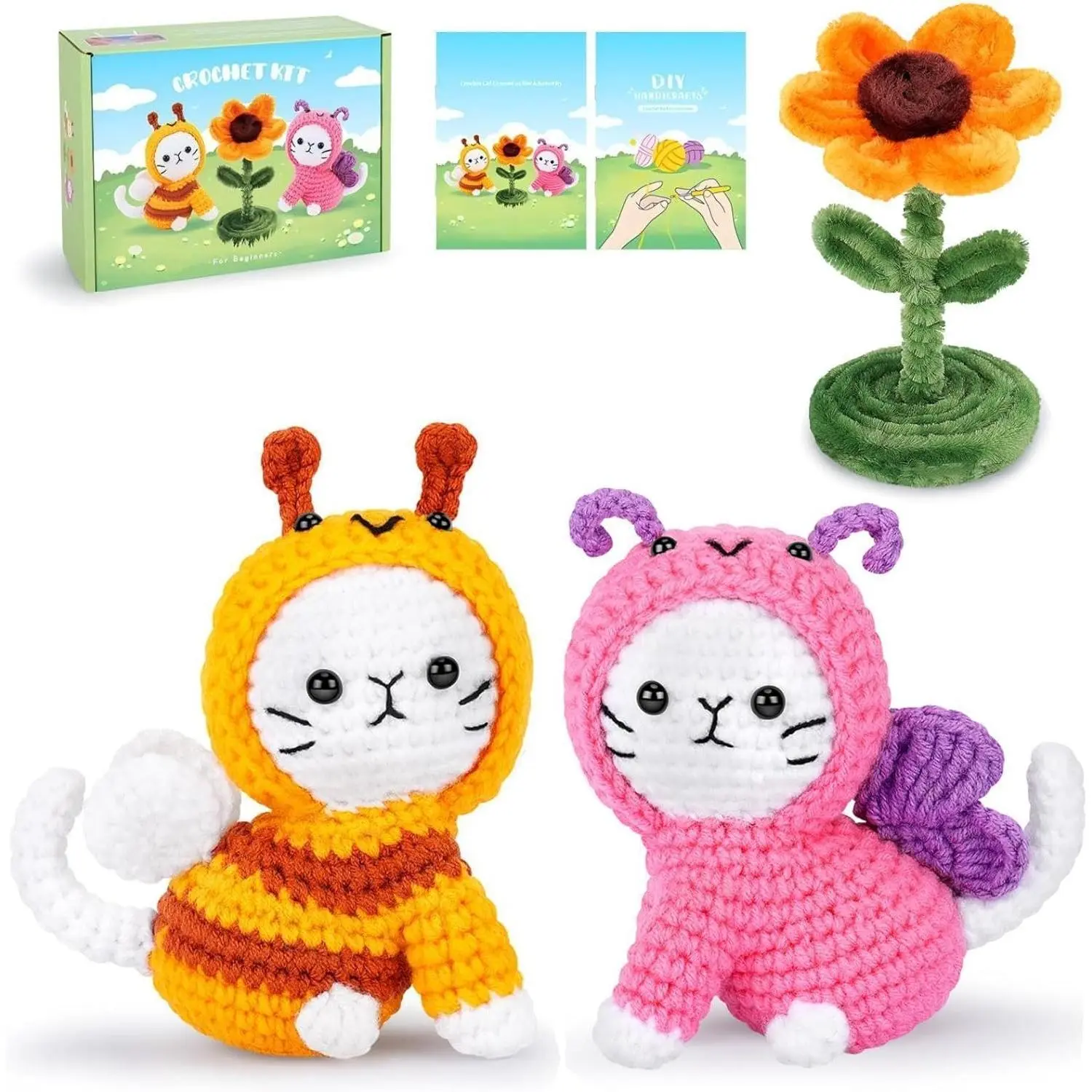 Crochet Kit for Beginners, Bee and Butterfly Cats Crochet  Kit with Step-by-Step Video Turials, Crocheting Kit for Starter, Beginner Crochet Kit for  Adults, Stuffed  Knitting Kit