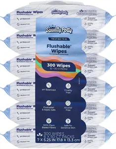 Squatty Potty Flushable Wipes - 6 Pack (300 Total Wipes) - 99% Water & Plant-Based - Green Tea, Cucumber & Aloe Spa Scent - pH Balanced - Septic Safe Adult Wet Wipes