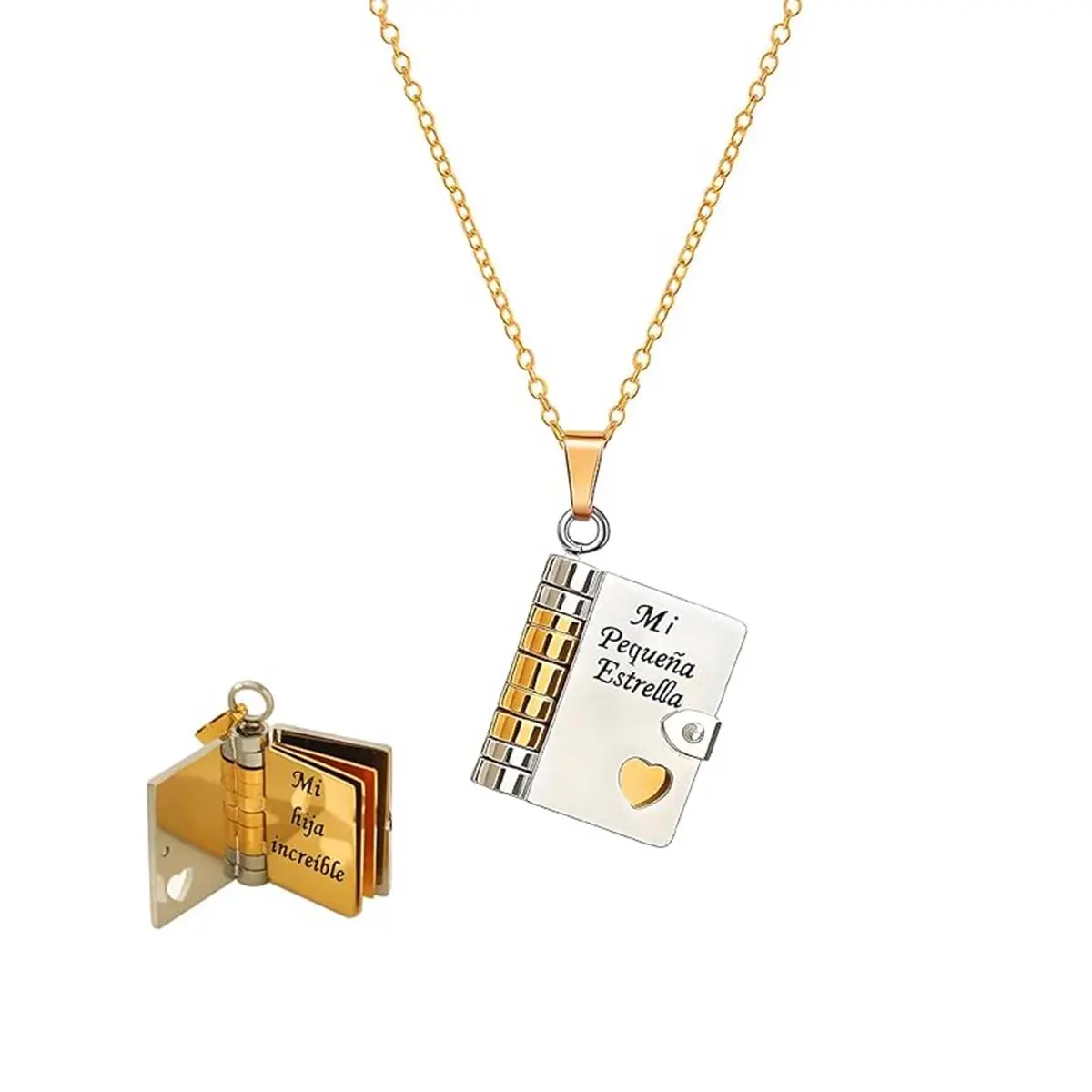 Stainless Steel Book Locket Necklace Set for Female, 6 Openable Pages, 'My Little Star' Engraved Pendant, English-Spanish Compatible, Meaningful Birthday Gift for Daughter, Elegant Costume Jewelry Accessory