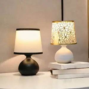 Modern Geometric LED Desk Lamp with Warm Light Adjustable Brightness USB Powered Metal Base Fabric Shade Modern Night Lights for Bedroom Office Living Room Decor Gift