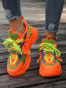 Colorblock Thick Sole Dad Shoes, Strong Visual Impact, Breathable Mesh Material, Lace-Up Closure, Casual Trendy Elements