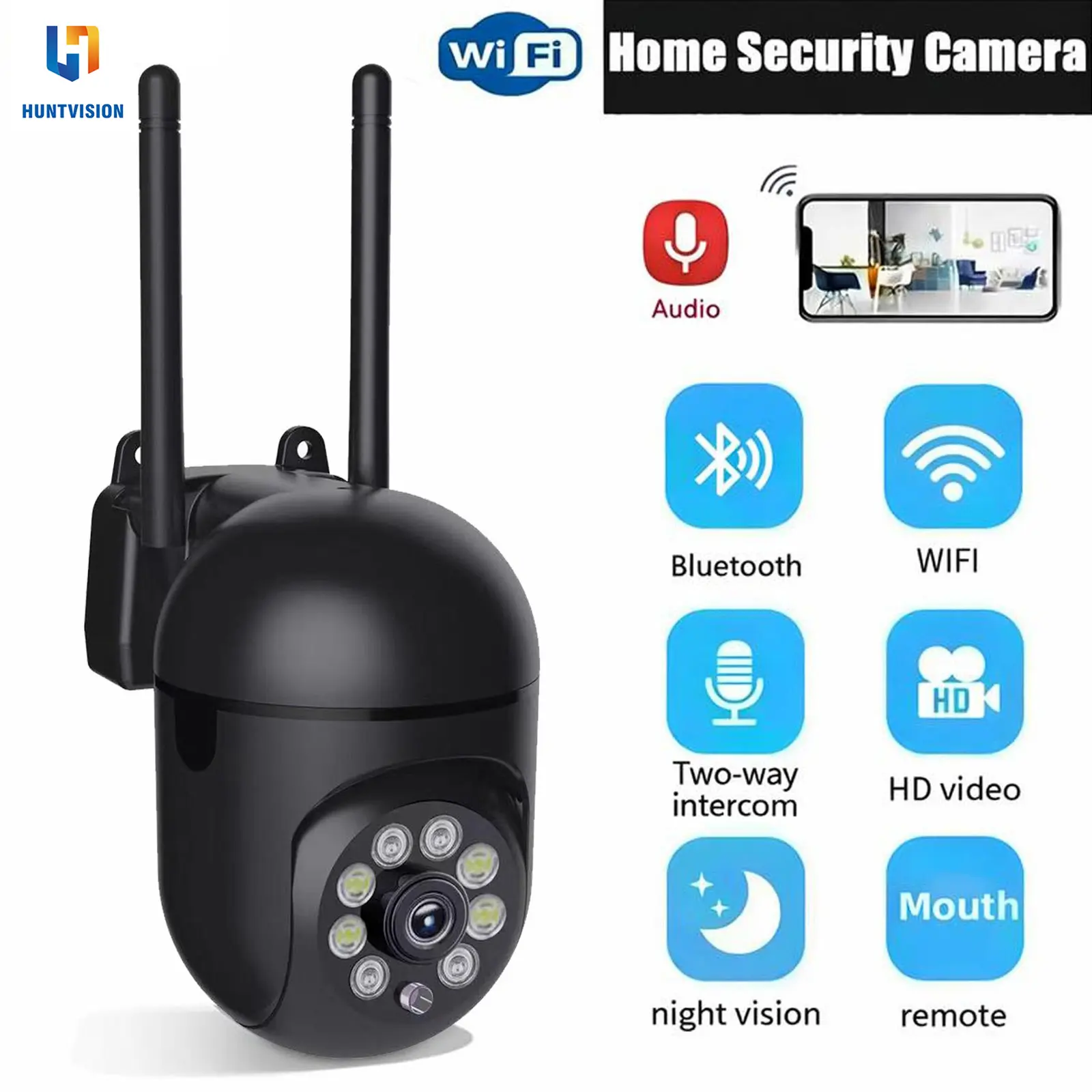 Huntvision 2K Smart Indoor Security Camera Easy Setup 360 PTZ Camera with Smartphone App Control and Built In Siren for Families Apartment Supermarket Security System