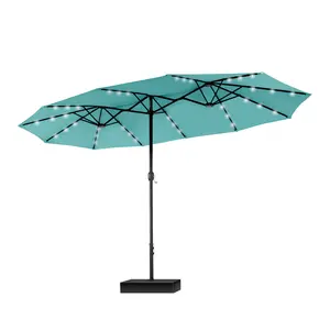 [Turquoise] PHI VILLA 15 ft Umbrella with 36 LED Lights, Includes Base, Patio Parasol, Outdoor Furniture, Uv Resistant Canopy, Heavy Duty Canopy