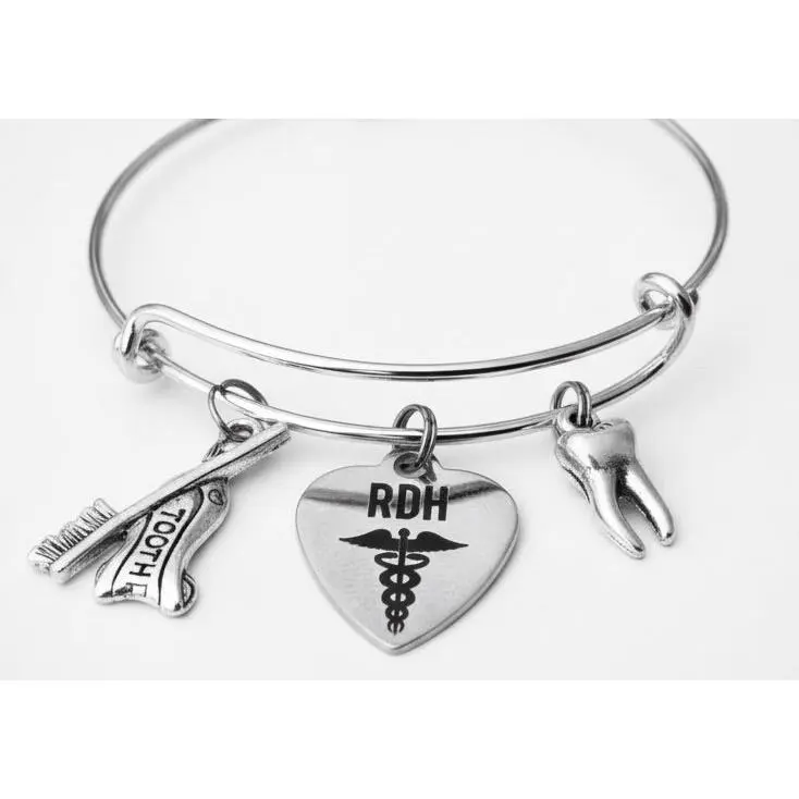 RDH Registered Dental Hygienist Charm Bracelet | Dental Hygienist Gift | Silver Bangle