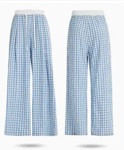VVZ Women's Plaid Pants Elastic Waist Casual Loose Straight Leg Lounge Pants