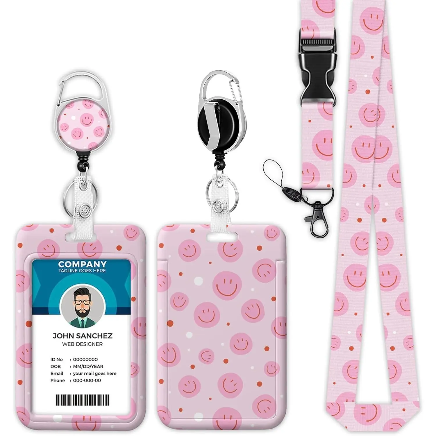 L-NKL004 Smiley Face Lanyards for ID Badges, Cute Pink ID Badge Holder with Lanyard Retractable Badge Holder/Reel Lanyard Teacher, Kids