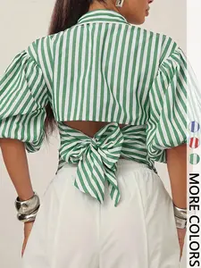 Women's Button Front Shirt Blouse with Puffy Sleeves, Back Bow Tie Design, Loose Fit, Business Casual Style, Perfect for Office Wear Valentine
