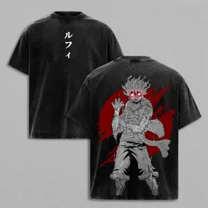 Black Vintage Washed One Piece Luffy Gear 5 T Shirt Retro Manga Print Short Sleeve Crewneck Oversized Streetwear Top for One Piece Enthusiasts
