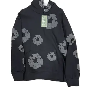 DT Hoodies 1:1 Quality Black Sweatshirt with Puffed White Floral Patterns and Tag Detailing Sweatshirts