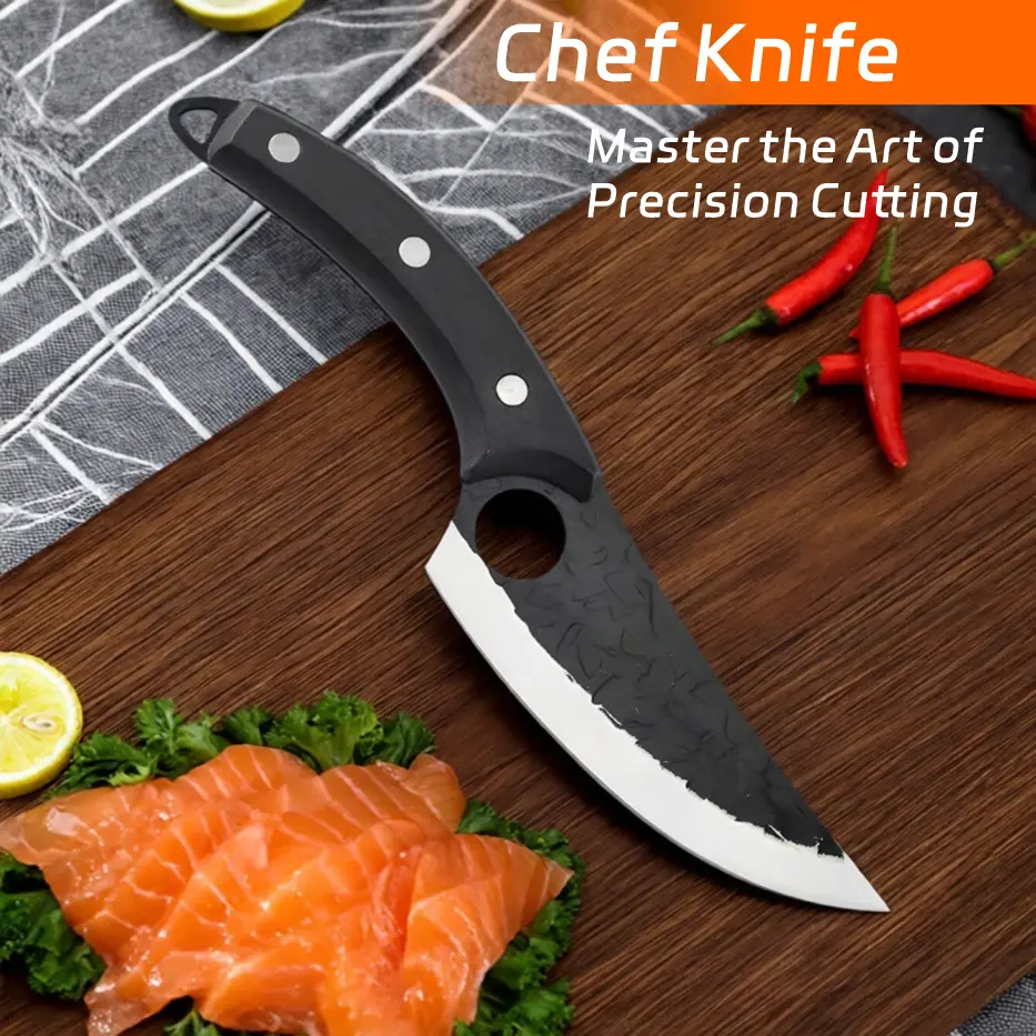 Viking Hand Forged High Carbon Steel Deboning Knife - Durable Black Heavy Duty Kitchenware with Sheath, Sharpener for Hiking, Light Outdoor Campfire, BBQ Party Gifting