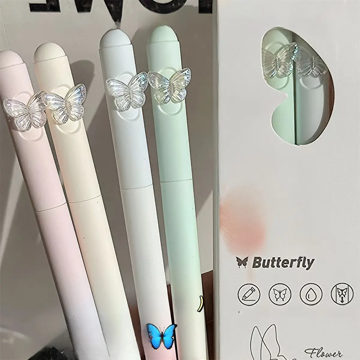 Set of 4 Butterfly Gel Pens with Gradient Pen Holder, Quick-Drying Ink, Smooth Writing, Perfect for Signatures & Stationery Use, Aesthetic Pens