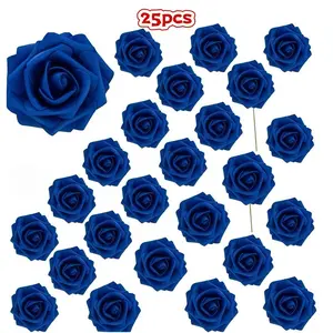 25 Blue Artificial Rose Heads, Realistic Foam Roses with Stems, Wedding Bouquets, Party Decor, Home Decoration, DIY Floral Supplies