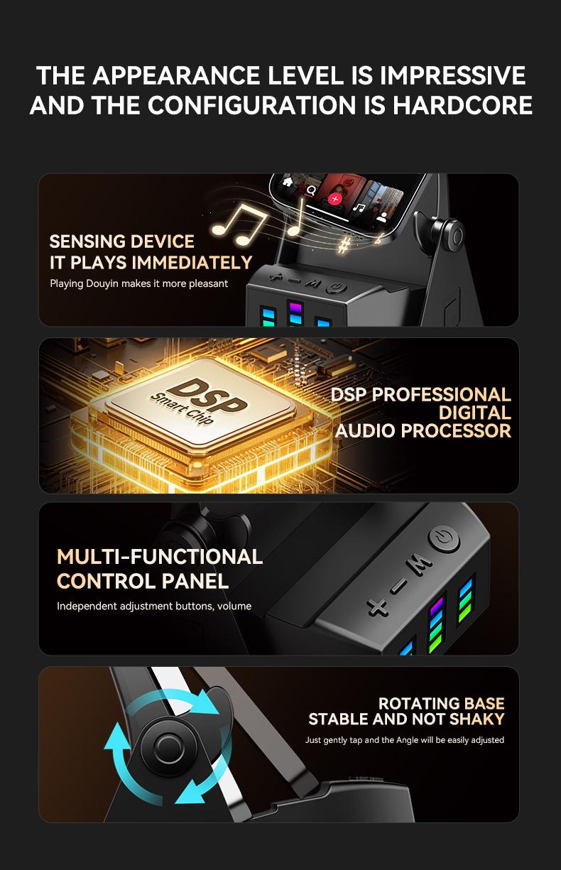 5-in-1 Wireless Induction Speaker Phone Stand，360° Adjustable，Power Bank，RGB Ambient Light，Universal Gift for Men Women